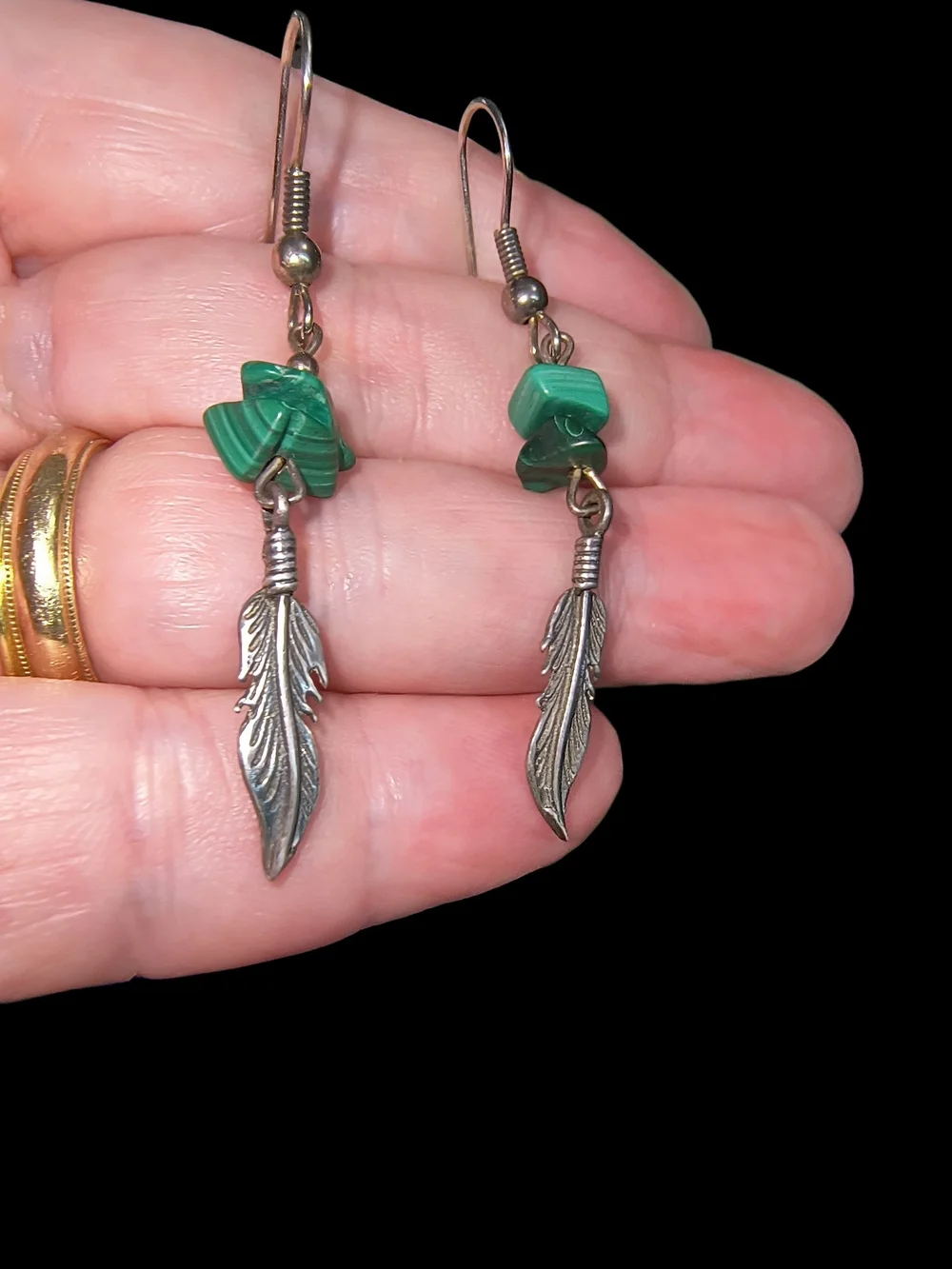 Green Malachite And Sterling Silver Feather Dangle Artisan Earrings